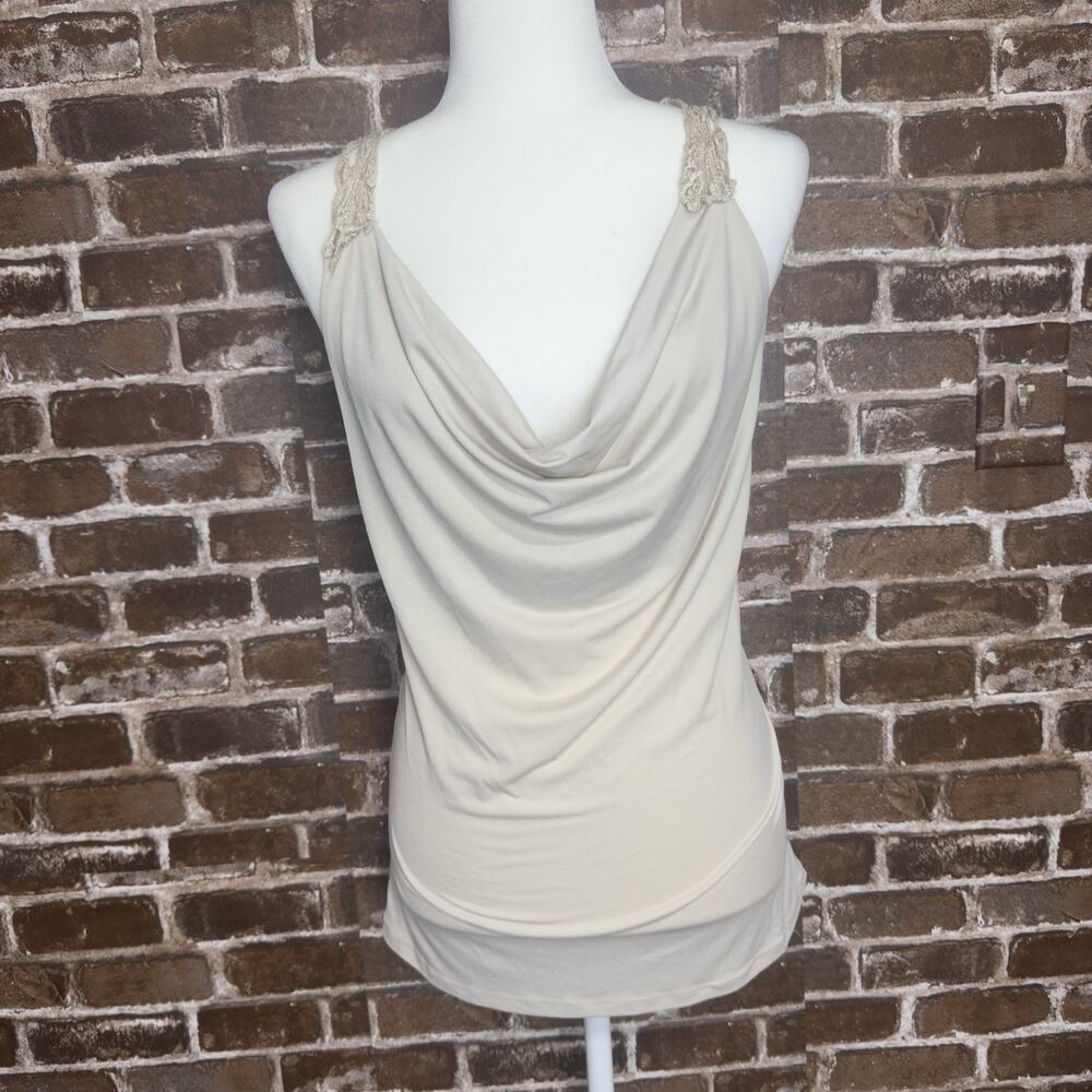 Mandee Blouse Dressy Top Sleeveless Made In USA Tan L Lace Back